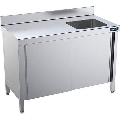 Table de chef Inox avec portes coulissantes et bac à droite - Gamme 600 - Distform