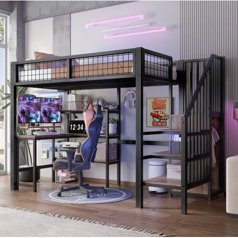 Lit mezzanine 90x200 cm avec bureau, étagères et armoire, en métal, noir et marron, sans matelas (1/5)