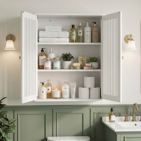 DESMIU Armoire Murale de Salle de Bain 2 Portes à Lamelles, Meuble de Rangement pour Salle de Bain, Blanc (1/5)