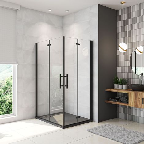 110x90x190 cm Box Doccia Angolare Porte Battente e Pieghevoli Vetro 5mm Temperato Trasparente Anticalcare Profilo Nero Opaco Piatto Doccia incluso (1/5)