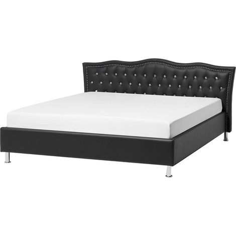 Sommier et Cadre de Lit Double 140 x 200 cm en Cuir PU Noir Tête de Lit Cloutée Metz