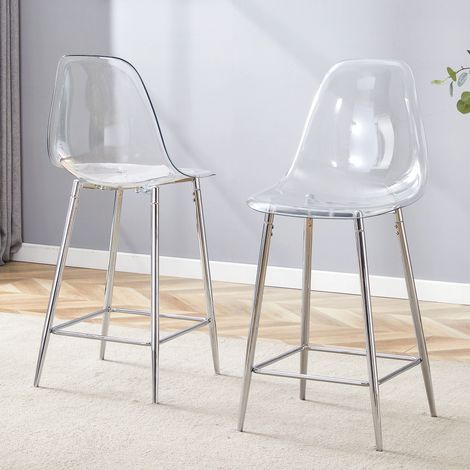 CAIziLot de 2 tabourets de bar transparents, avec structure métallique argent/or/noir, chaises design modernes pour cuisine, bar ou salle à manger (chaises uniquement, sans table)