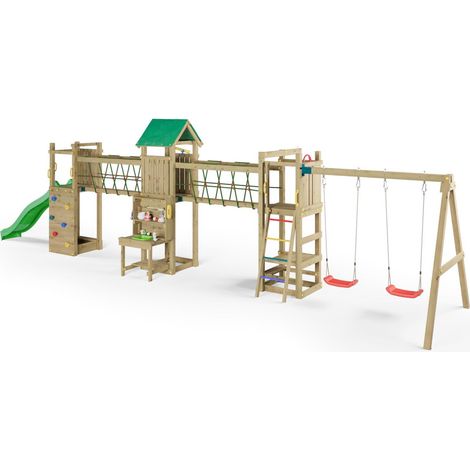 Funni Aire de Jeux Enfant Extérieure – Bois Traité – Toboggan 2,2 m – Balançoire Double – Jusqu’à 15 Enfants – EN 71 (1/5)