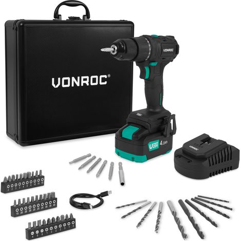 PRO Akku-Bohrschrauber 20V – Bürstenloser Motor – 40Nm  Inkl. 4,0Ah Akku, Ladegerät und 46 Zubehörteile im Premium-Koffer