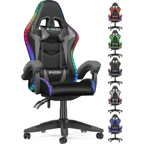 Chaise Gaming - Fauteuil Gamer - éclairage LED Effets - Soutien Lombaire et Appui-tête - inclinable 90°-155° - jusqu'à 136Kg - Pivotement sur 360 degrés - Gris