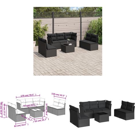 Salon de jardin 8 pcs avec coussins noir résine tressée - Ensemble Salon De Jardin - Mobilier De Jardin - Salon Extérieur - Résine Tressée - Rotin Synthétique - Home & Living (1/3)
