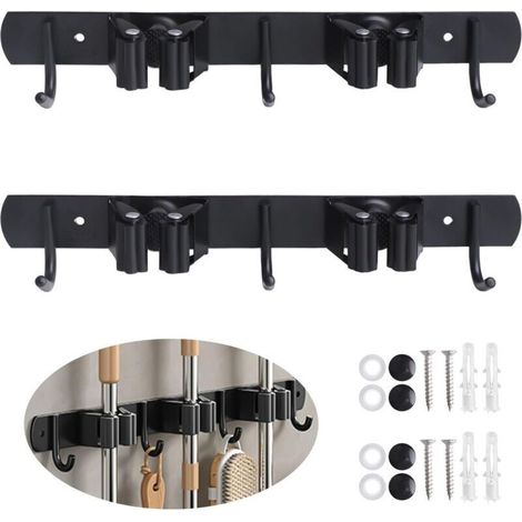 2 Pièces Accroche Balai Mural 2 Supports + 3 Crochets Porte Balai Acier inox Support Balais Mural Noir pour cuisine jardin salle de bain organisation des outils,de DEBUNS (1/5)