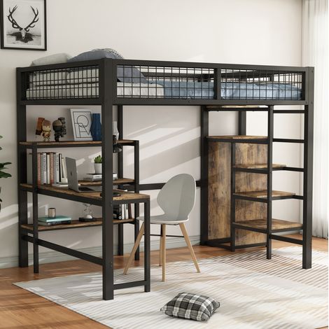 Cama alta 140x200 cm metal/MDF negro y marrón, con armario para dormitorio, sin colchón FloraGrace (1/5)