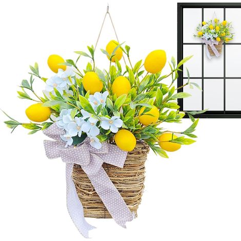 Couronne de panier de porte d'entrée, couronne de panier de fleurs Couronne Couronnes de printemps pour porte d'entrée, décoration de ferme artificielle, panier de f (1/5)
