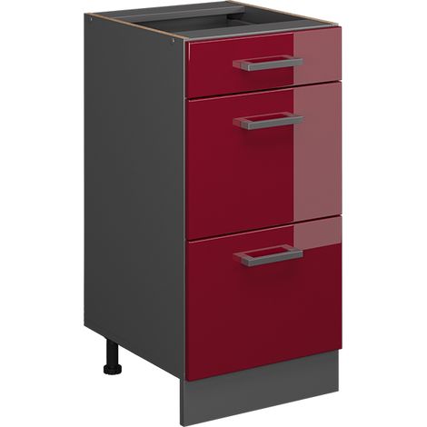 Mobiletto base per cucina R-Line, Rosso bordeaux lucido, 40 cm con cassetti, senza piano di lavoro, Vicco