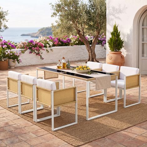 Ensemble table et chaises de jardin en polyrotin pour 6 personnes - Ensemble repas de jardin avec fauteuils et housses en tissu amovibles et lavables résistant aux UV et à l'eau