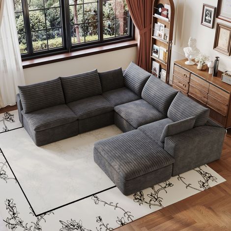 Canapé d'angle modulable velours côtelé, design double couche, sans montage, 260×250×60 cm, 1 repose-pieds, gris foncé (1/5)