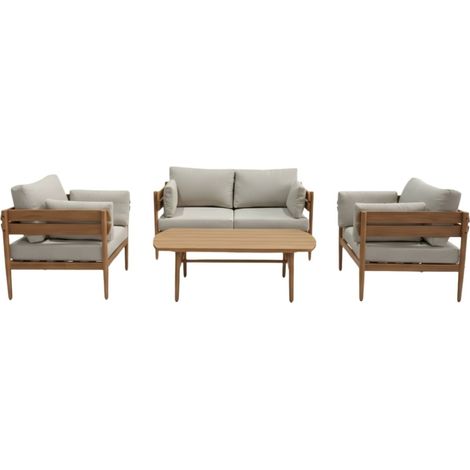 Conjunto de jardín SELVANO 4 plazas de aluminio efecto madera con cojines beige y mesa baja (1/5)