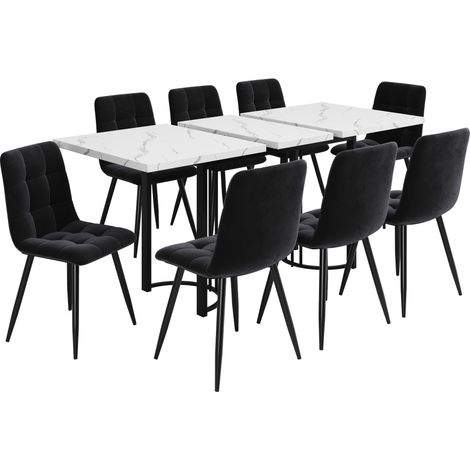Ensemble table à manger extensible 9 pièces avec 8 chaises en velours noir, plateau MDF 140×80 cm avec pieds en métal (1/5)