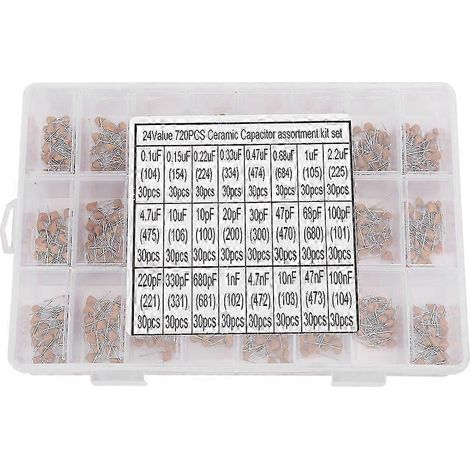 720-teiliges Set, 24 Werte, Keramikkondensatoren 0,1 µF–100 nF 50 V, inklusive Aufbewahrungsbox