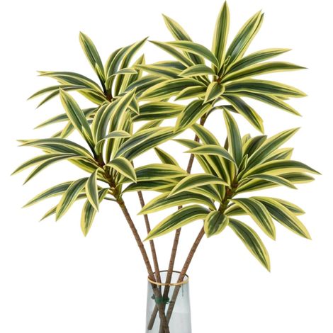 Lot de 4 plantes artificielles de Dracaena réalistes en plastique - 64 cm - Plante d'agave en pot pour bureau, salon, chambre à coucher - Faux lys en bambou - Décoration (jaune-vert, 64 cm) (1/5)