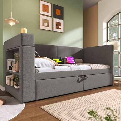 Canapé‑lit 1 place 90x200 cm gris en lin/coton avec lit gigogne, accoudoirs à recharge USB (sans matelas)