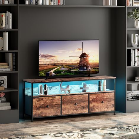 TV-Lowboard mit LED und 4 Stoffschubladen - TV-Schrank im Vintage-Stil für Fernseher bis 60 Zoll - MDF & Metall - Braun