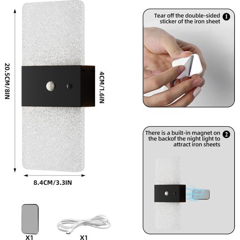 Lumière Murale Sans Fil Rechargeable avec Capteur de Mouvement, Design Rectangulaire Noir pour Chambre