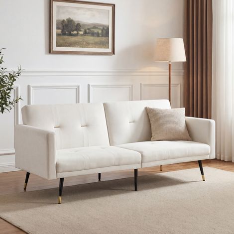 Canapé-lit 2 places en velours beige, dossier réglable 5 positions, 164 cm (1/5)