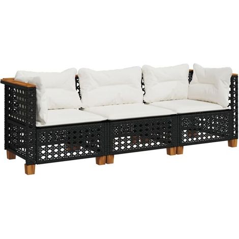 Canapé de jardin avec coussins, trois places, résine tressée noire (1/5)