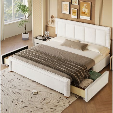 MODFU – Letto matrimoniale 180x200 cm in velluto con 2 cassetti modulabili, testiera imbottita, piedini in legno e carico 220 kg – Beige (1/5)