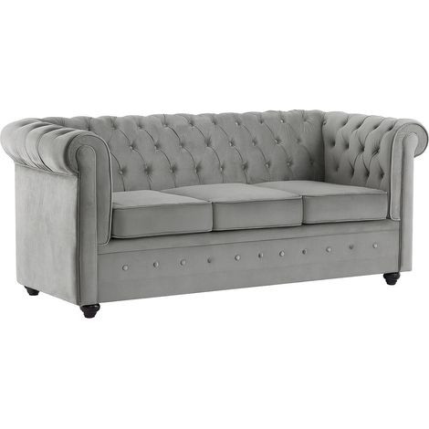 Canapé 3 places convertible en velours gris clair  CHESTERFIELD