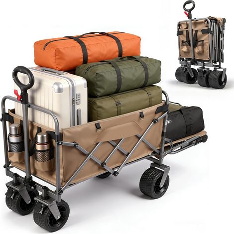 Chariot Camping de Pliable avec Poignée Réglable, 300L 200KG Chariot de Jardin avec Frein Chariot Plage à Roulettes, Porte Gobelets, Chariot de Transport pour Extérieur, Jardin Courses Peche (1/5)