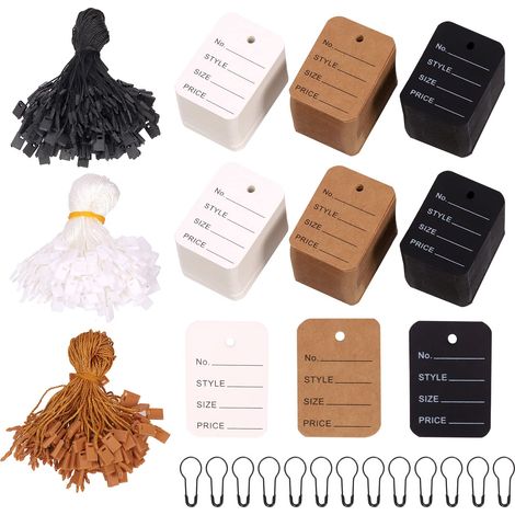 Lot de 1700 étiquettes de prix pré-imprimées pour vêtements avec cordon de suspension en métal noir, 3 couleurs, attaches à crochets pour vêtements, vente au détail (1/5)