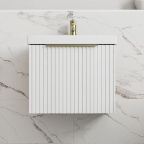 Fluted 500mm Bathroom Vanity Unit Basin Wall Hung Cupboard Soft Close Matt White (1/5)