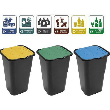 Set 3 Pattumiere contenitori per la Raccolta Differenziata 50 LT con Coperchio Verde Giallo Blu Bidoni rifiuti in Plastica con etichette per Casa Ufficio Interni esterno spazzatura in ordine con stile