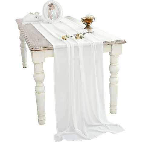 Chemin de table en mousseline blanche 27 x 192 pouces (68,6 x 488 cm), nappe extra longue de 16 pieds (4,88 m) douce et translucide, style rustique pour mariage, enterrement de vie de jeune fille ou f (1/4)