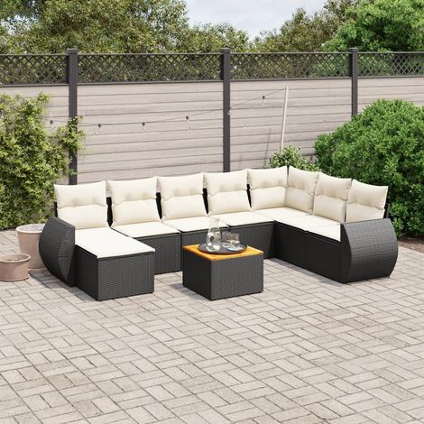 Ensemble Salon Jardin 9 Pièces Noir Résine Tressée avec Coussins Crème - Canapé d'Angle, Sièges Centraux, Table Acacia et Repose-Pieds (1/5)