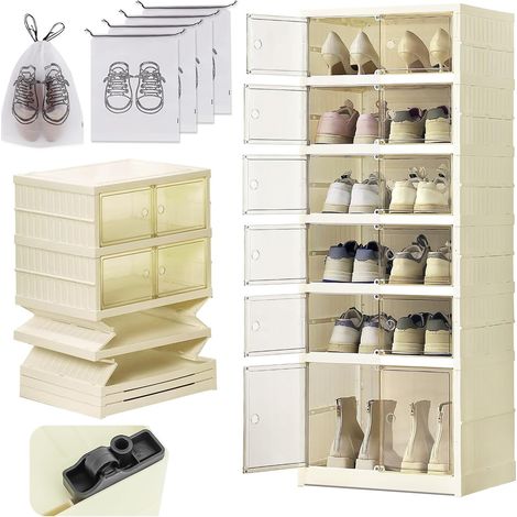 Rangement Chaussures Pliable Dur Plastique 6 étage Pointure Jusqu’à 46 Casier Chaussures Meuble Armoire pour 12pcs Chaussures Boite pour Entree Salon Chambre avec aspiration magnétique Porte (1/5)