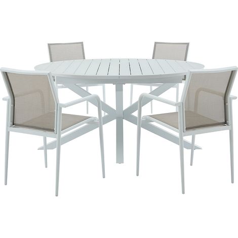Salle à manger de jardin en aluminium : une table extensible L.150/200 cm et 4 fauteuils empilables - Gris clair et blanc - YOHA de MYLIA