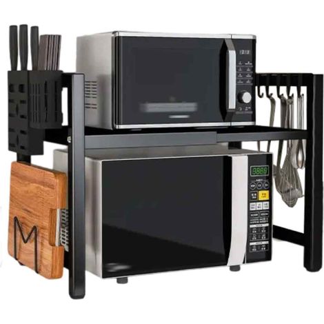 1 Étagère micro-ondes extensible, support réglable 40-63cm, étagère de rangement robuste avec 6 crochets, porte-couteaux et planche à découper pour cuisine (1/5)