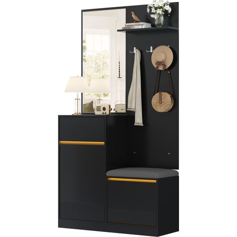 Garde-robe d'entrée compacte avec banc à chaussures, miroir, LED contrôlable par application et rangements, finition noire, style moderne – CHICFURN (1/5)
