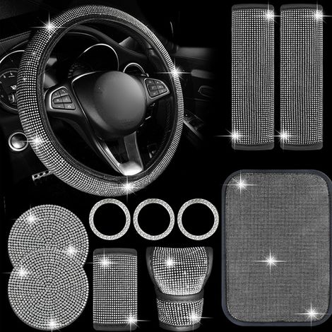 Kit 11 accessoires voiture strass - Housse volant/levier/frein/ceinture, anneaux, sous-verres, coussin accoudoir (1/5)