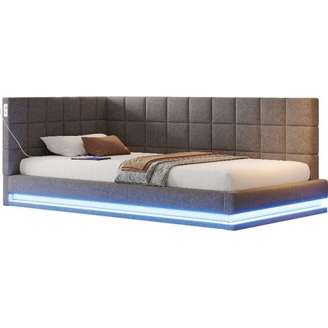 Polsterbett Schlafsofa 90x200 cm Multifunktionsbett mit LED Lichtleiste, USB Steckdose und Lattenrost, Gästebett aus Leinenstoff Grau (1/5)