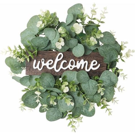 Artificial Green Eucalyptus Wreath 30cm Round Wreath With Wooden Panels White and Green Flowers Wall Decor Summer Wreath