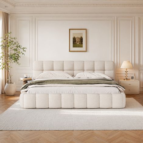 Lit double 140 x 200 cm, Lit bubble avec tête de lit rembourré, Lit adulte avec sommier à lattes, Lit adulte, Lit plat, Lit bas, Tissu lin, Beige (1/5)