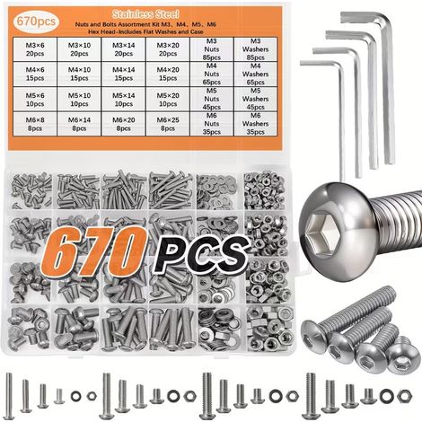 Kit 670 Pièces Vis Boulons Inox 304 A2-70 Tête Bombée Six Pans Creux ISO 7380 M3 M4 M5 M6 – Assortiment Écrous HU + Rondelles Plates + Clés Allen – Coffret Visserie Inox (1/5)