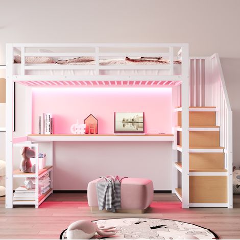 Letto a soppalco 90x200 cm bianco in metallo con scrivania e scaffali (1/5)