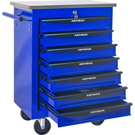 Chariot à outils roulant multifonction à 7 tiroirs avec roulettes, pour garage, atelier, entrepôt et atelier de réparation, avec dessus en acier inoxydable, noir et bleu (Noir&Bleu) (1/5)