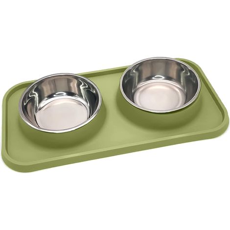 2 gamelles en acier inoxydable, tapis anti-déversement, pour chien et chat, design double bol, facile à nettoyer (1/5)