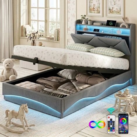 Letto contenitore 90x200 cm con LED e USB Type-C - Letto singolo imbottito in velluto - Testiera con vano portaoggetti e rete a doghe - Design moderno per ragazzi e adulti - Grigio