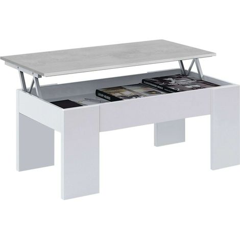 Mobimarket – Table basse relevable en ciment et mélamine – Dimensions 100x50x45 cm – Design moderne et industriel – Espace de rangement intégré