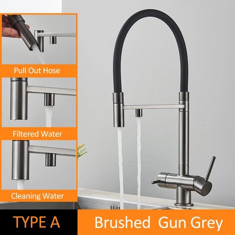 (TYPE A Gris brossé) Robinet de cuisine filtré noir et gris, filtre à eau, mitigeur, purification de l'eau, eau potable (1/5)