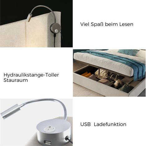 Sunfecili – Lit coffre 160x200 avec sommier – Liseuse intégrée – Chargement USB – Espace de rangement hydraulique – Lin beige – Dimensions 206x165x107 cm