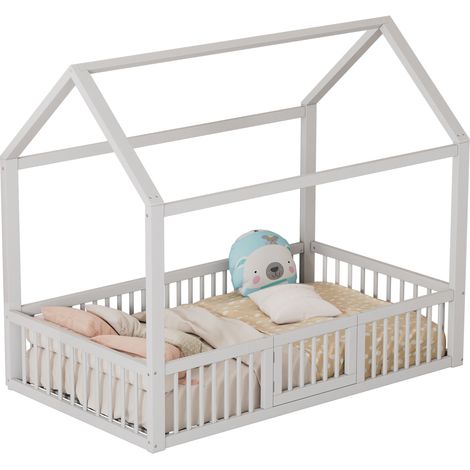 Lit cabane enfant 90x200 cm en bois de pin, blanc, avec barrière de sécurité 35,5 cm et petite porte, structure robuste, chambre fille ou garçon CHICFURN (1/5)